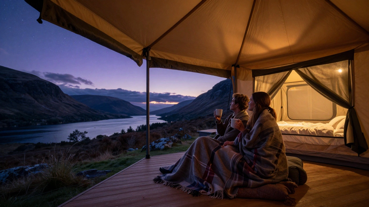 Couple relaxing on a glamping deck overlooking Scottish Highlands