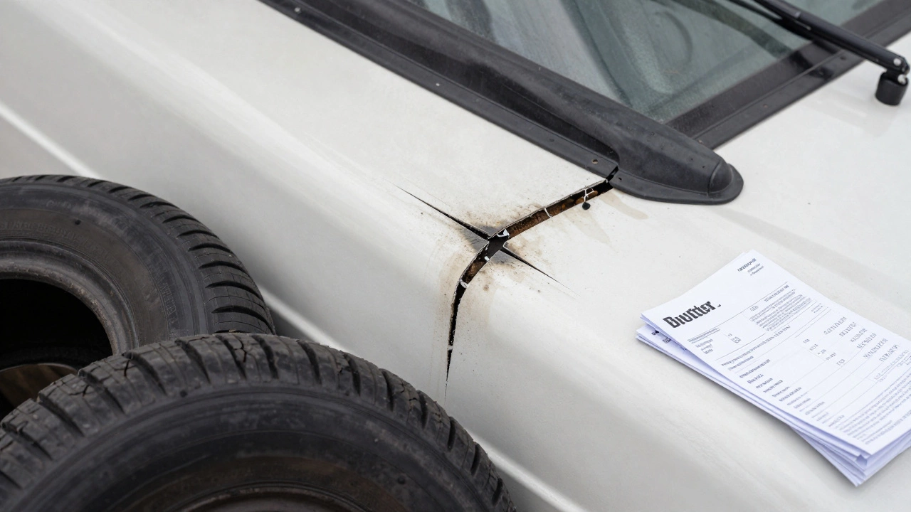 Damaged RV roof and tires showing repair costs