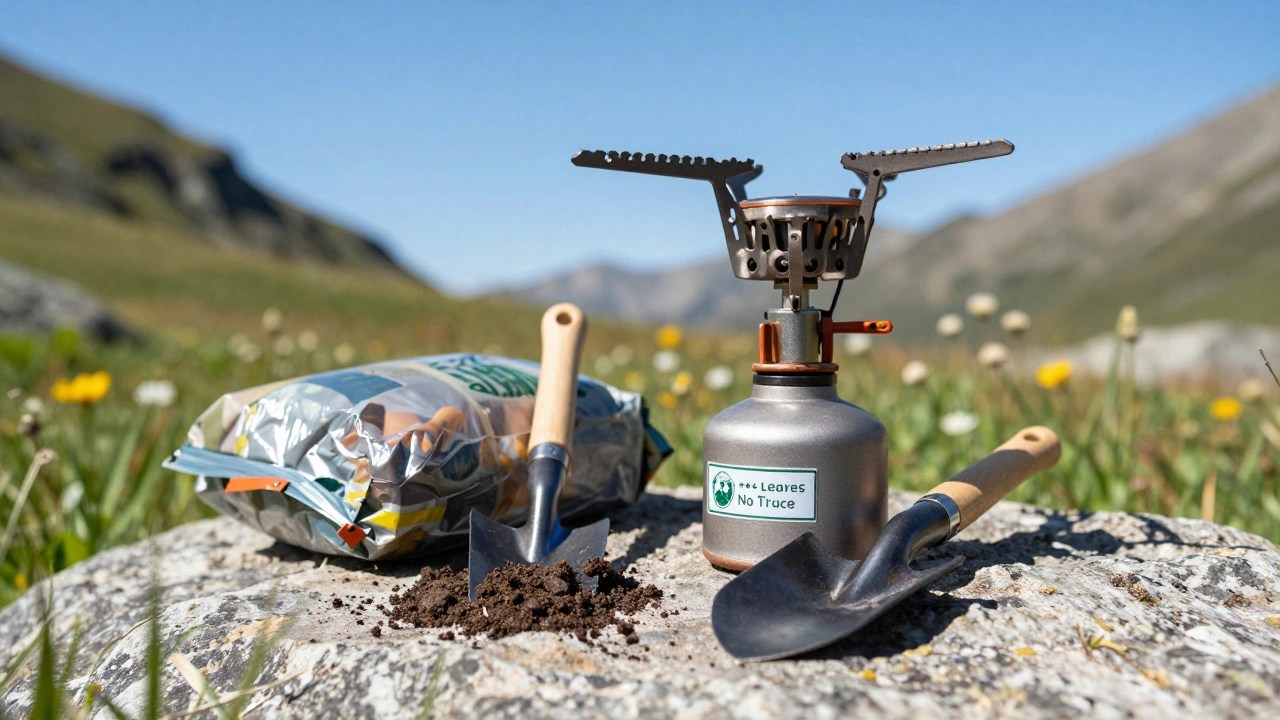 Gas stove and trash bag on rock showing leave no trace camping