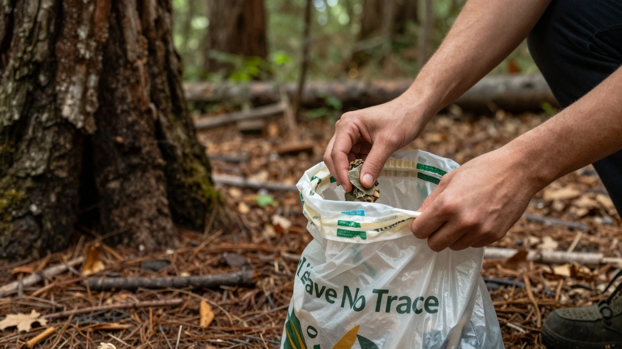 Hands packing out trash in a redwood forest to practice Leave No Trace principles