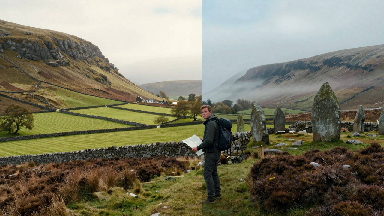 Hiker with map standing between English fields and Welsh mountains