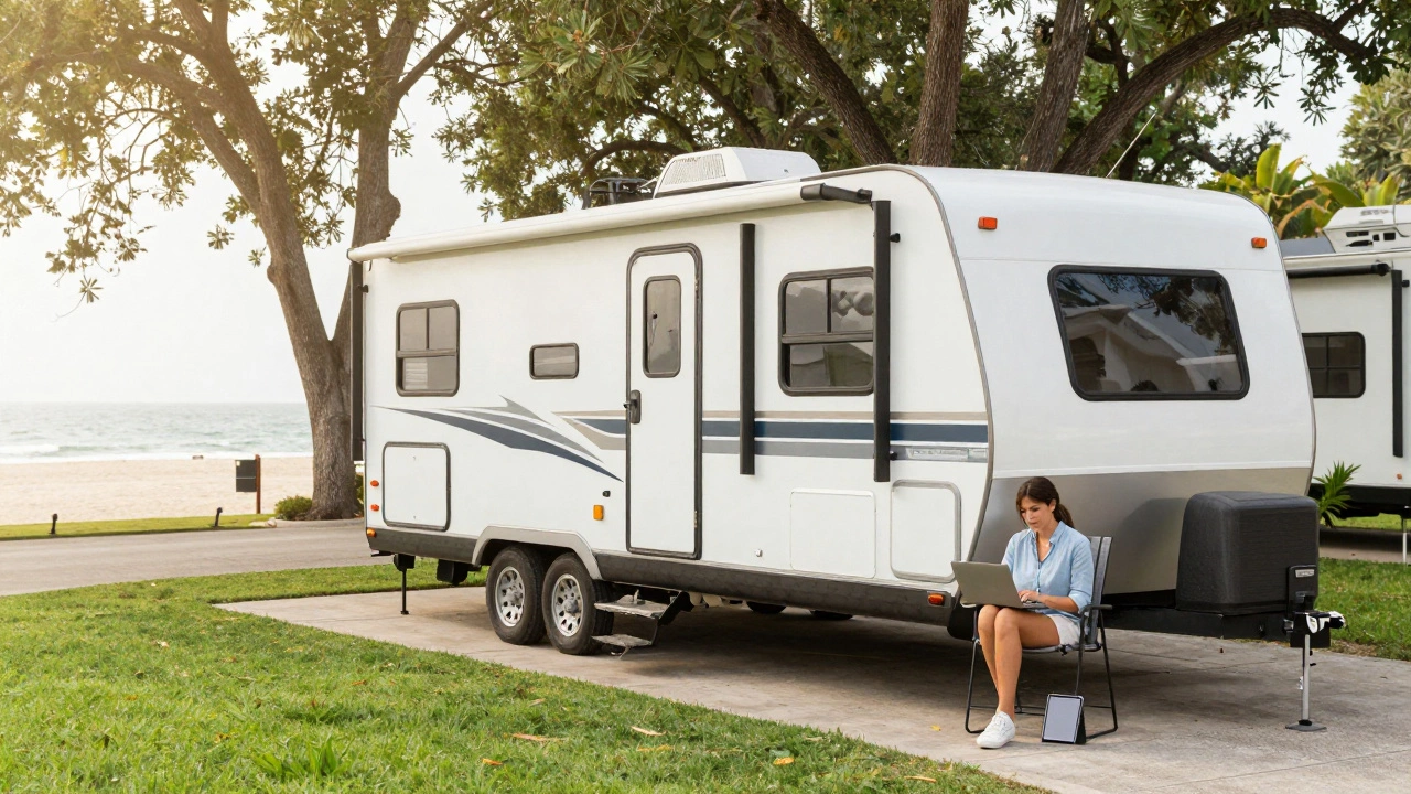 Person working remotely on patio of residential RV park
