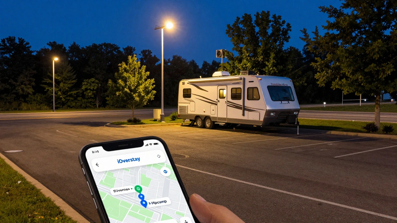 Safe overnight RV parking at rest area with map app visible