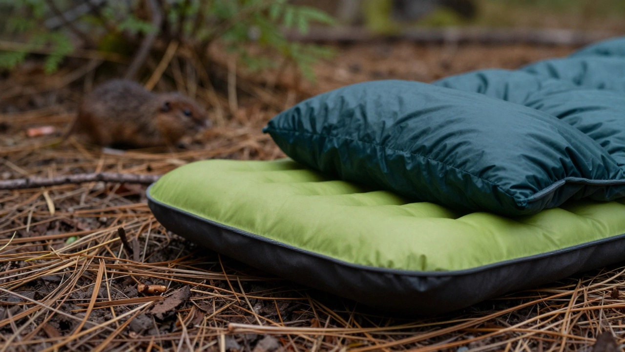 Sleeping pad on forest floor with nearby wildlife