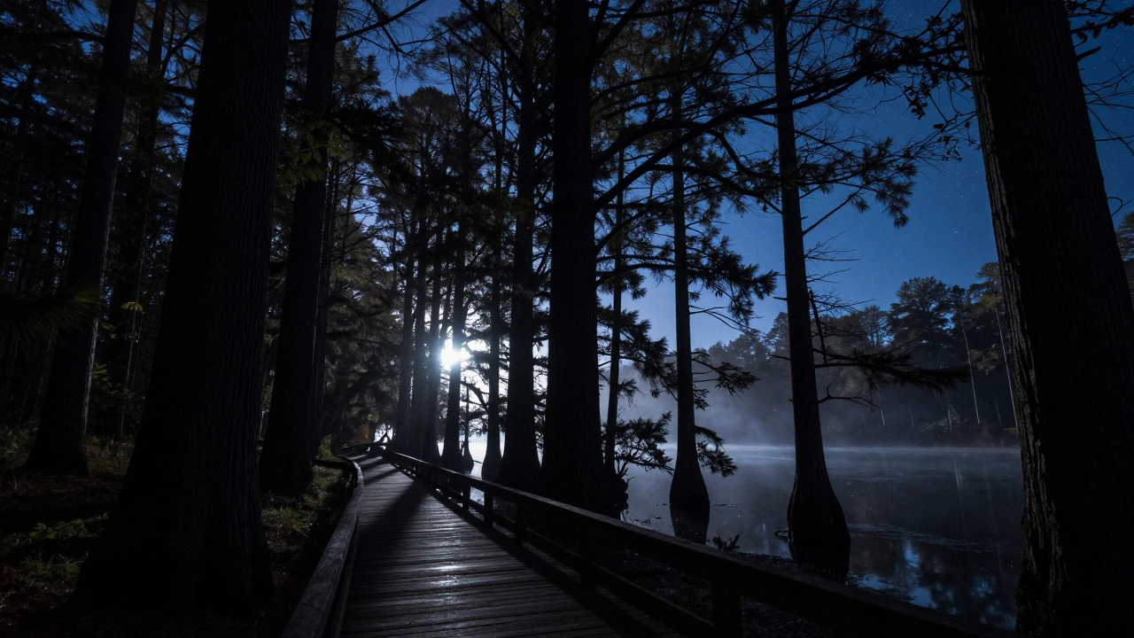 Starry night over Congaree National Park's towering cypress trees and boardwalk