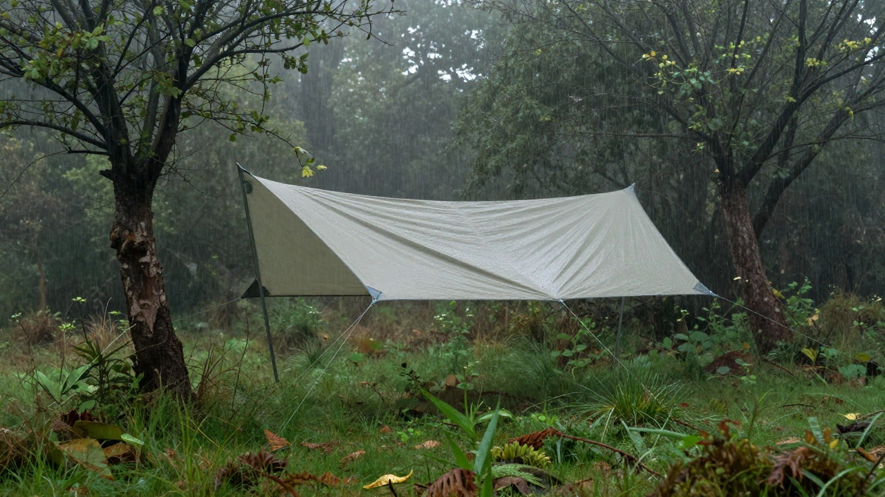 Tarp shelter set up in rainy British woodland