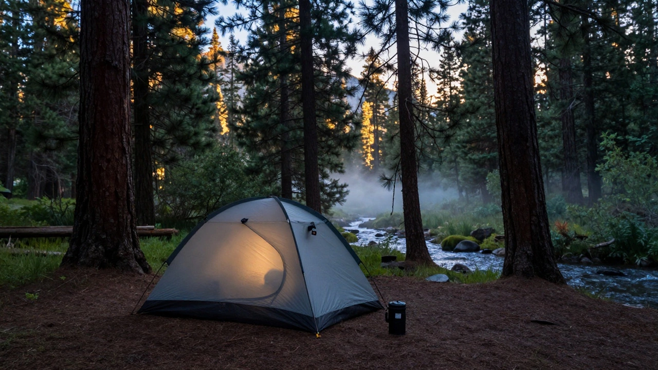 Tent pitched under pine trees in Sierra Nevada forest with bear canister nearby