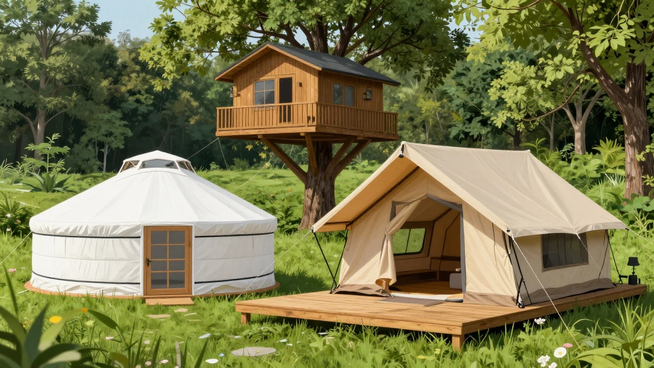 Variety of glamping structures including yurts and safari tents