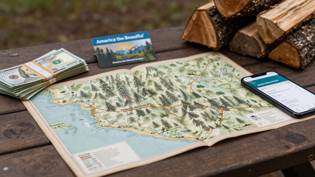 Camping budget items including map, cash, annual pass, and firewood on a table