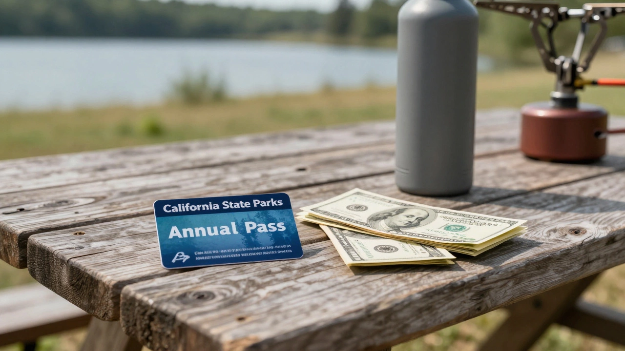 Camping budget items like park pass and cash on a wooden picnic table