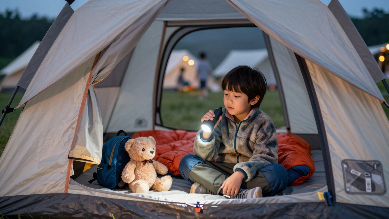 Child sitting safely in a tent with a headlamp and stuffed toy at dusk.