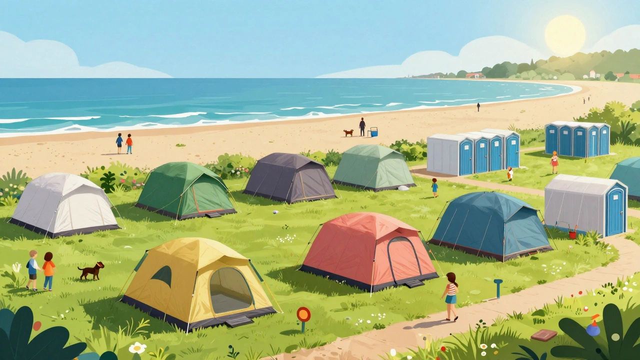 Colorful yurts and glamping pods at a legal UK beach campsite
