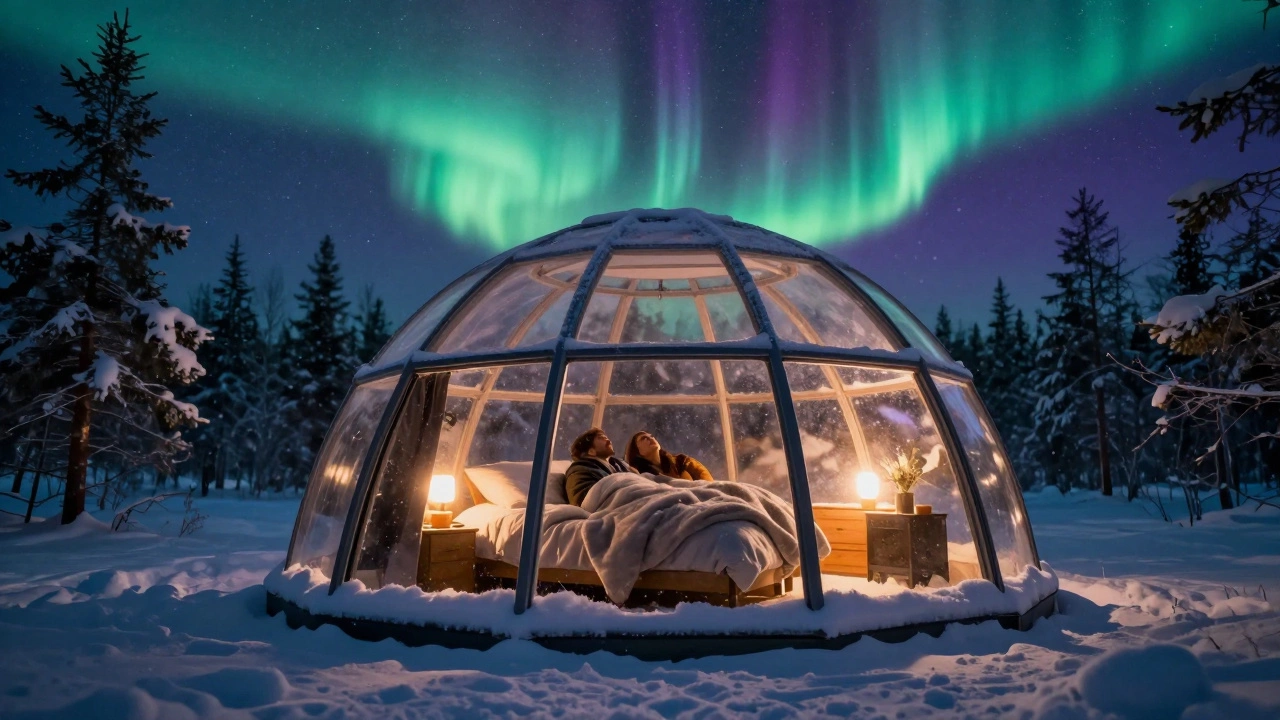 Couple watching Northern Lights from inside a glass igloo in snow