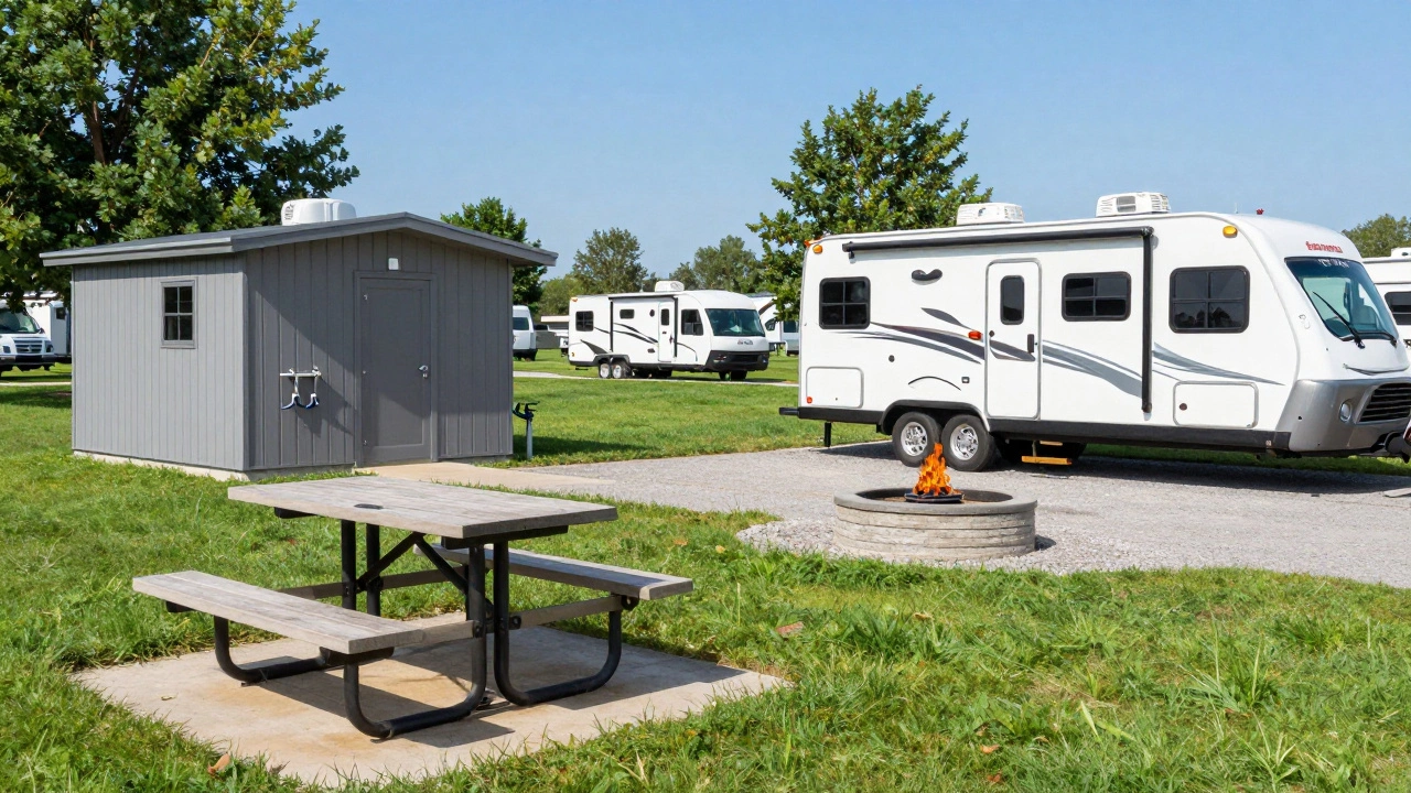 Developed campground site with RV, picnic table, and restroom facilities