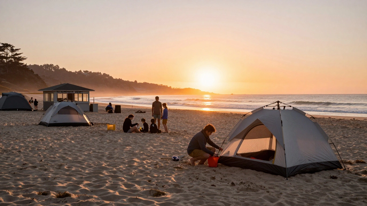 Family pitching tent at legal state park beach at sunset