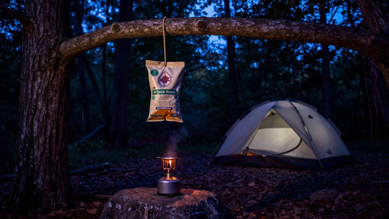 Food bag hung high on tree branch near campsite for bear safety at dusk