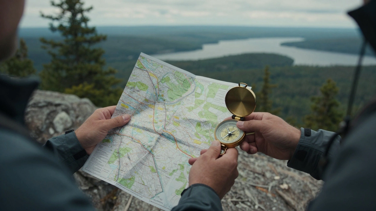 Hiker checking map and compass in rugged Michigan wilderness landscape