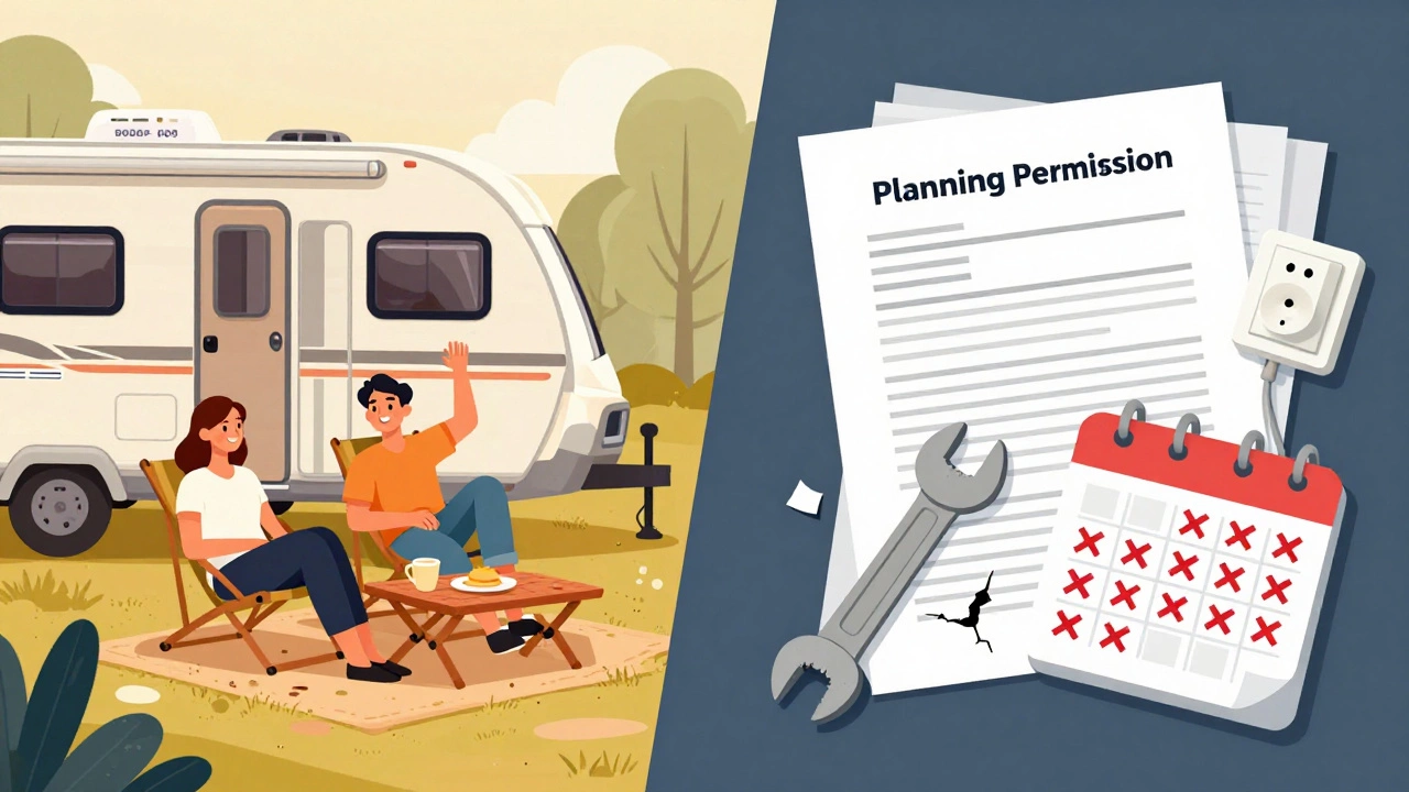 Illustration contrasting camping lifestyle joy with maintenance paperwork