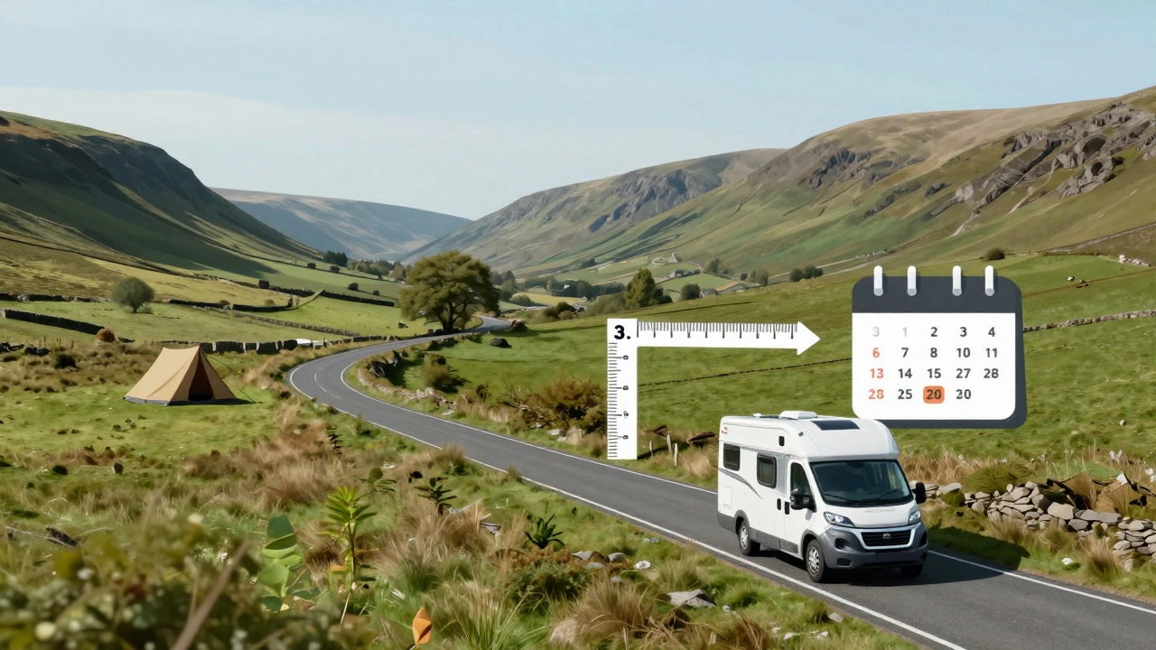Illustration of a motorhome route with distance and time markers