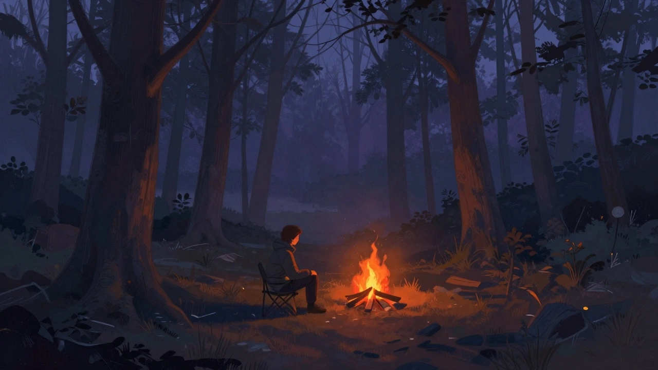 Lone camper by fire surrounded by shadowy trees