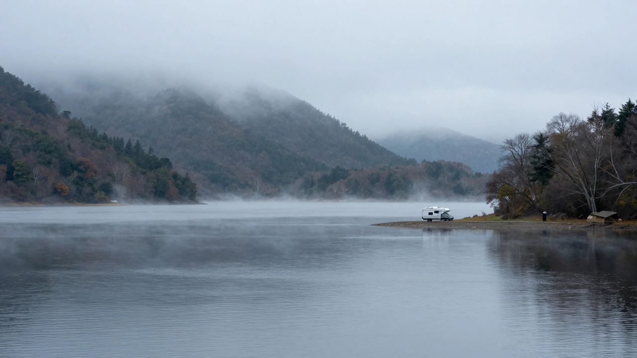 Misty, quiet Lopez Lake shoreline in off-season with lone camper