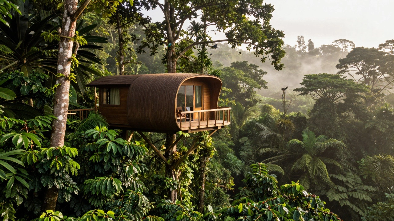 Modern treehouse pod suspended in lush tropical rainforest canopy