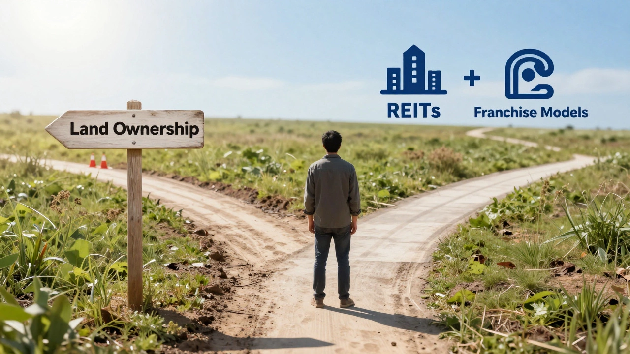 Person at crossroads choosing between land ownership and other investments
