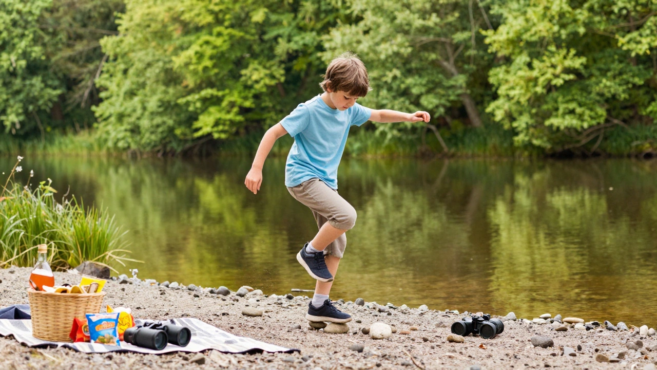 Pre-teen skipping stones on a lake shore, enjoying independent outdoor play.