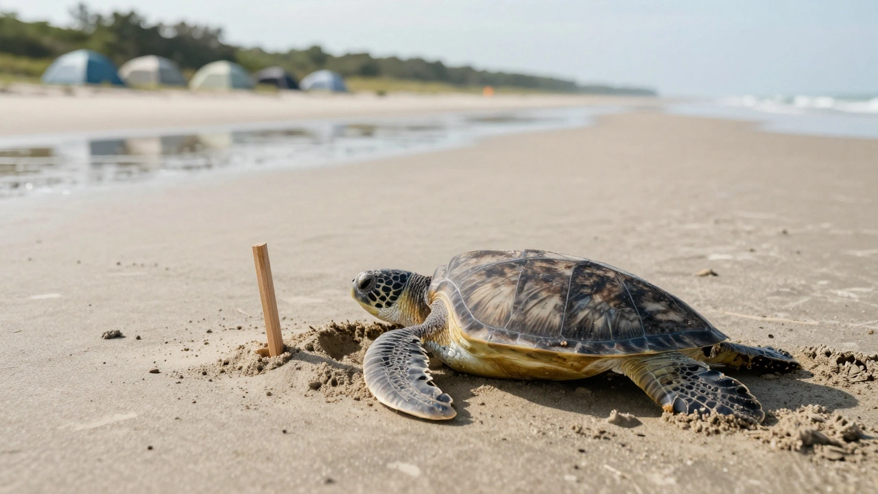 Sea turtle nest marker on sand with distant campground