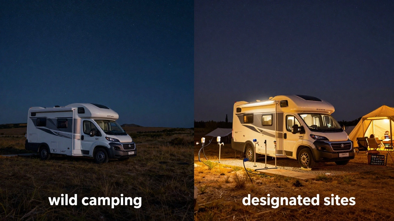 Split view of wild camping vs designated campsite amenities