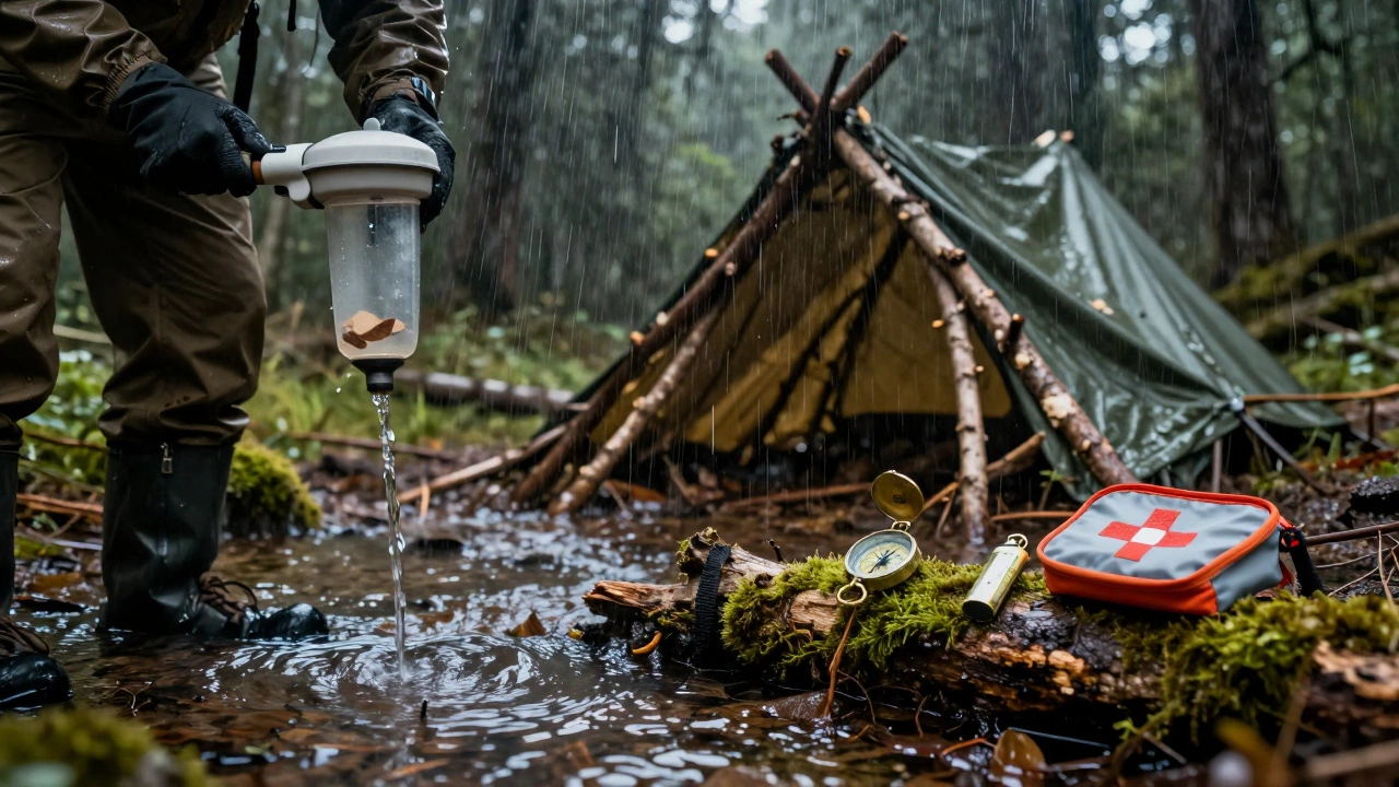 Survival gear and shelter setup in rainy forest conditions