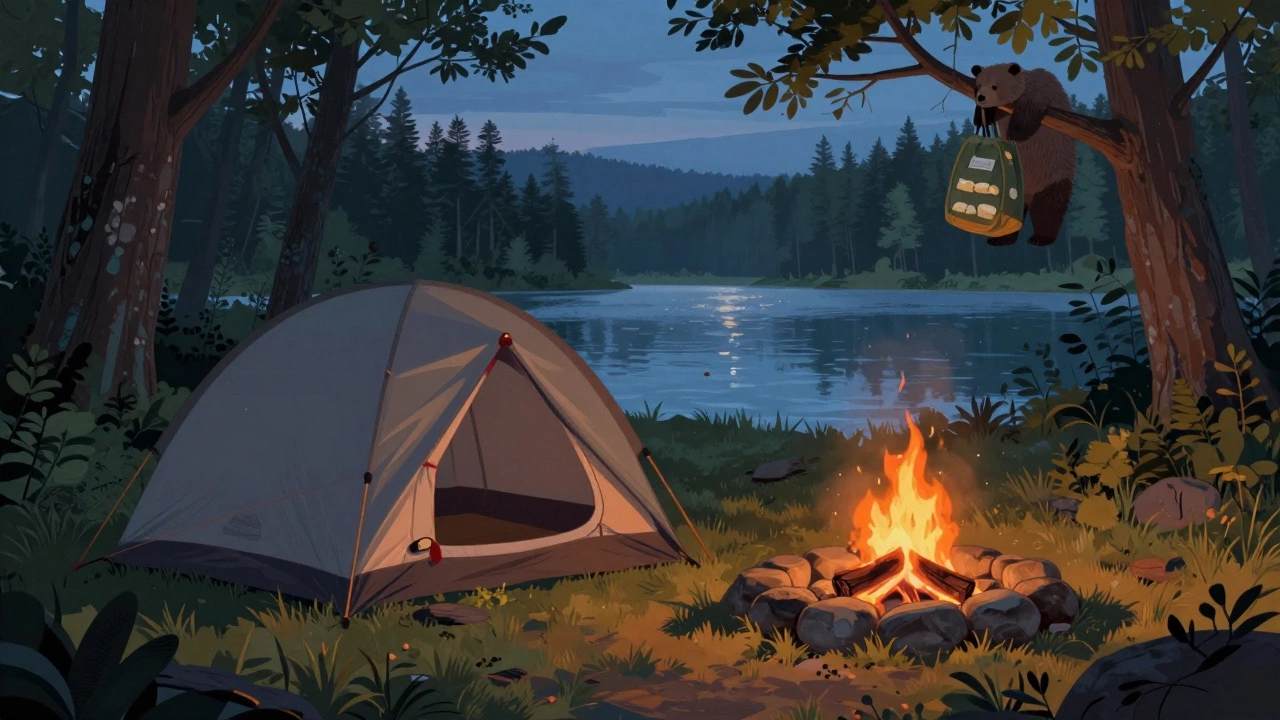 Tent pitched near lake with bear hanging food bag in tree at twilight