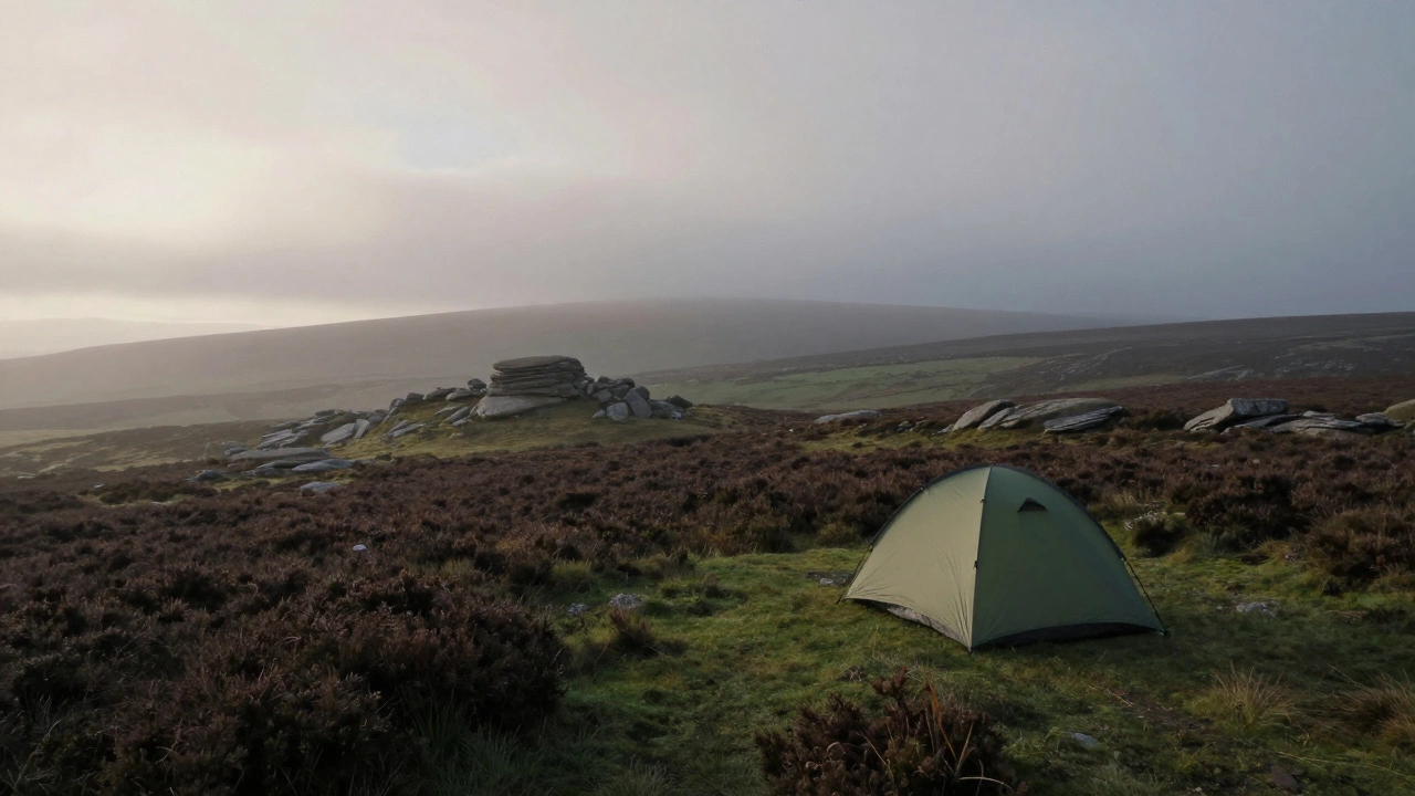 Camper pitching tent on misty Dartmoor moorland