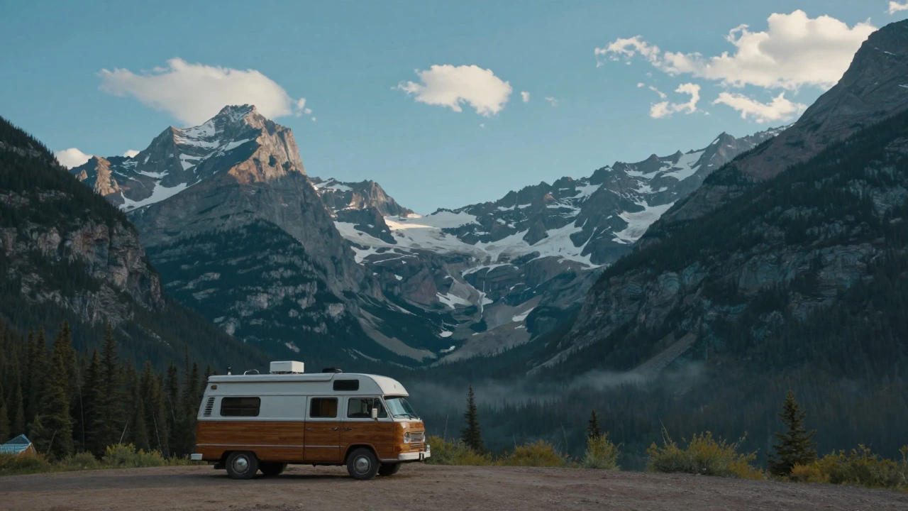 Camper van overlooking Glacier National Park mountains