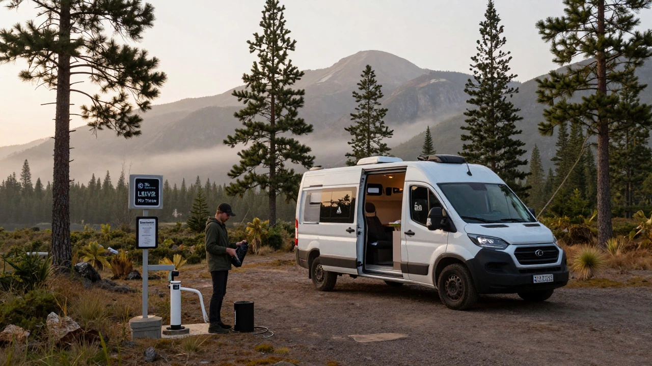 Camper van parked in nature near a waste disposal station