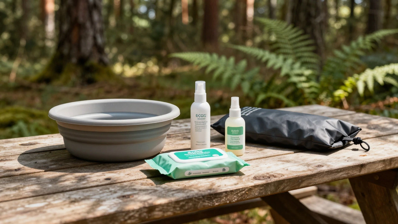 Camping hygiene essentials like soap and basin on a forest picnic table