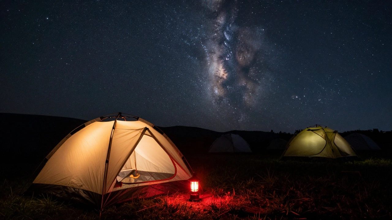 Camping tents at night with soft red lights under starry sky