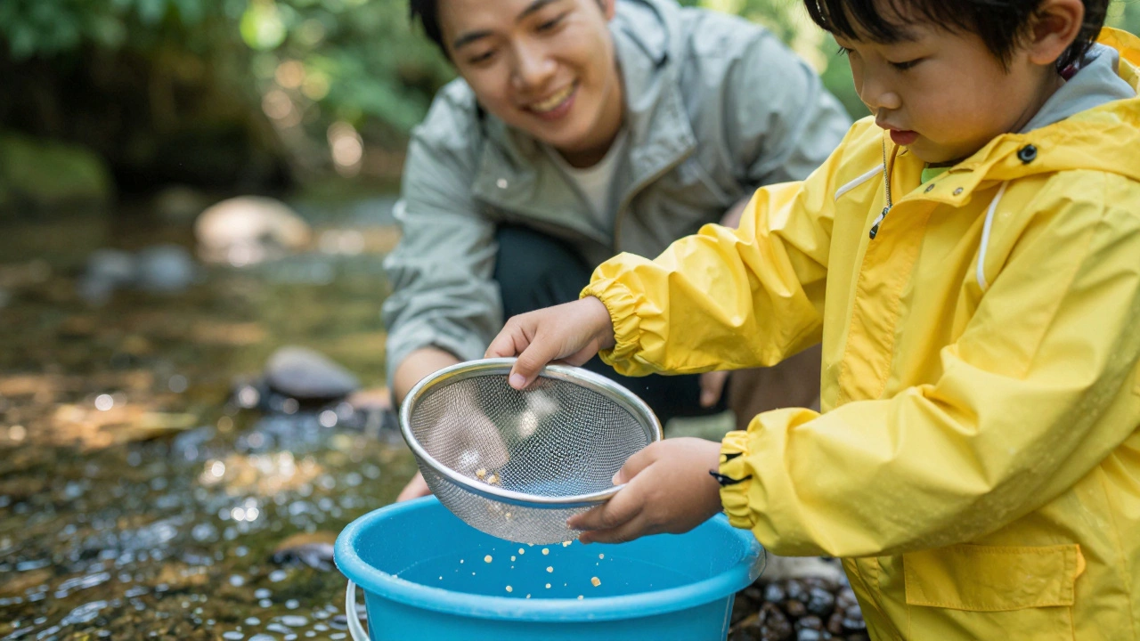 Child using mesh strainer for dishes while parent watches nearby