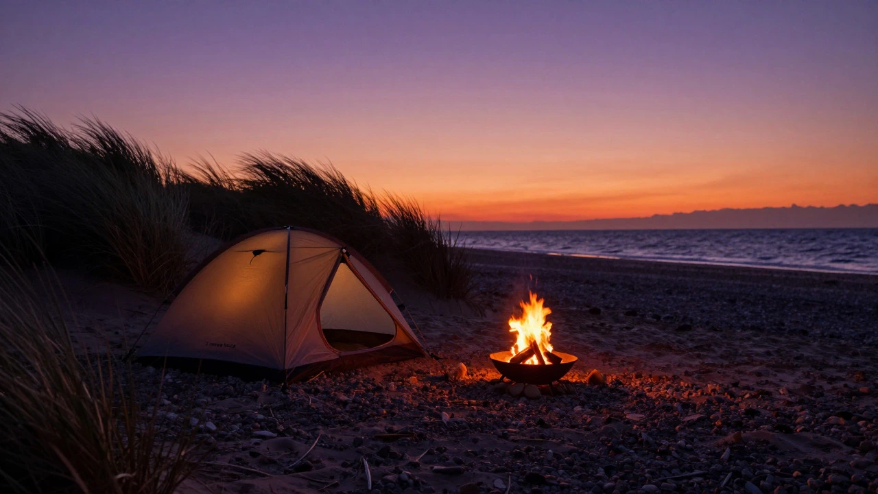 Cozy campsite with fire pit on beach at sunset near dunes