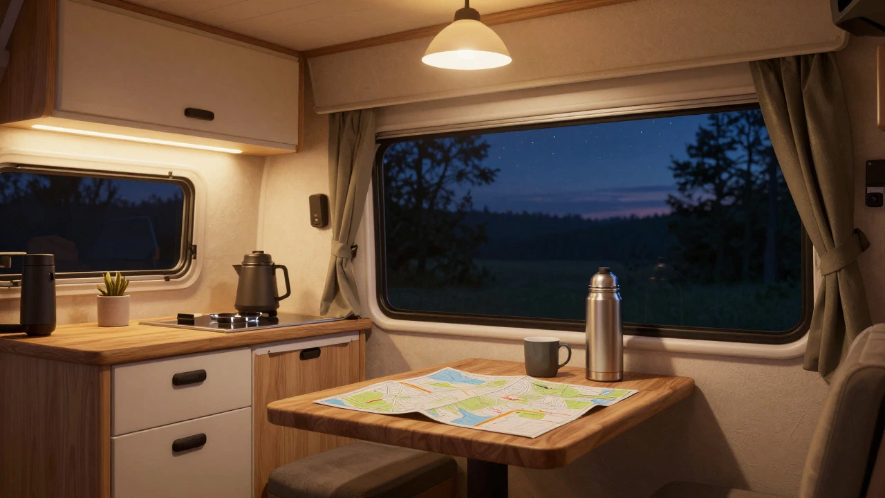 Cozy motorhome interior at night with map and mugs on counter