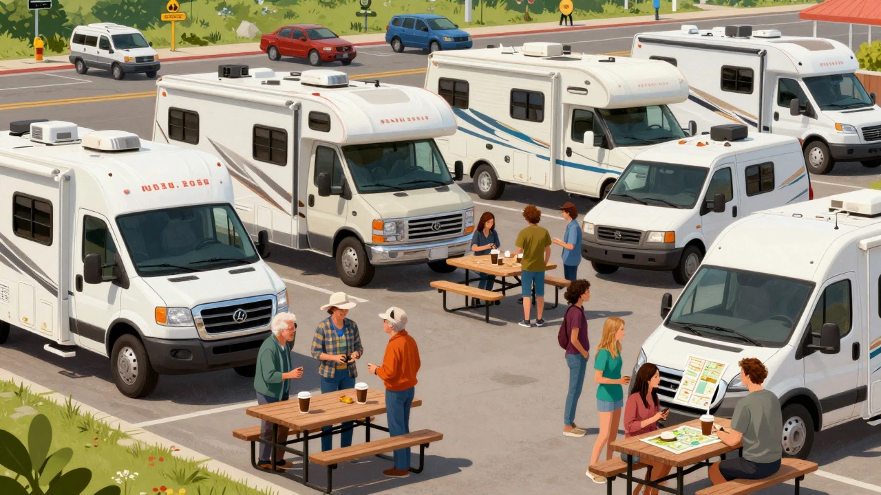 Diverse groups of people gathering around various RVs