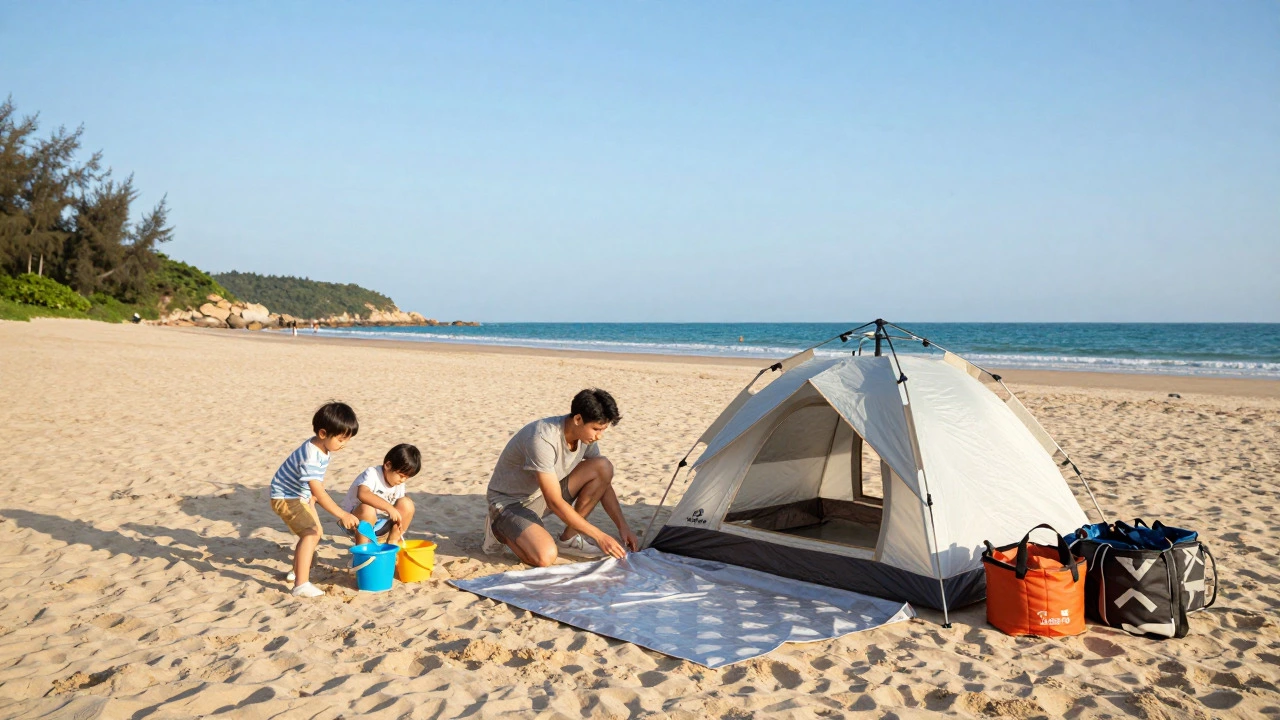 Family setting up tent on flat sand beach with kids playing nearby