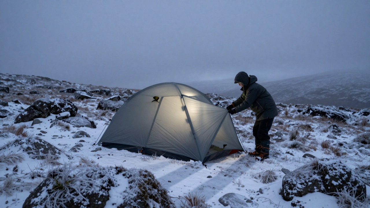 Four-season tent in frosty Scottish winter landscape with camper adjusting gear