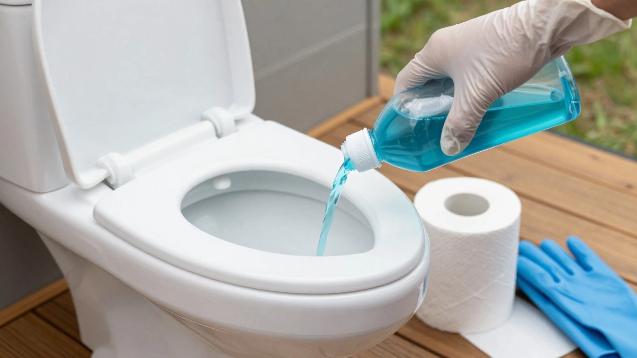 Hand adding blue chemicals to a portable cassette toilet tank