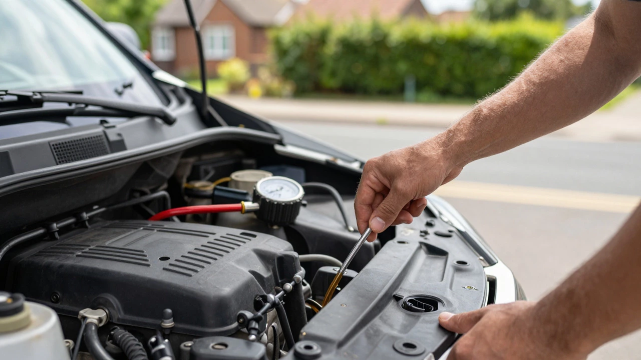 Hands checking engine oil and tire pressure on motorhome in driveway