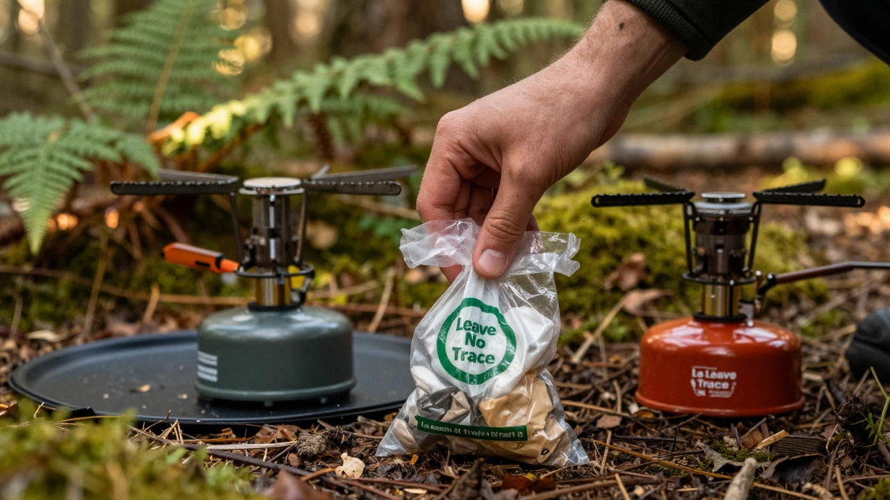 Hiker packing waste responsibly in UK woods