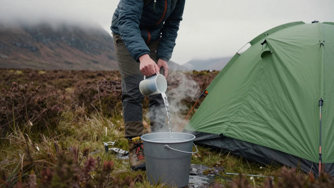 Hiker taking a bucket shower behind a tent in the Scottish Highlands