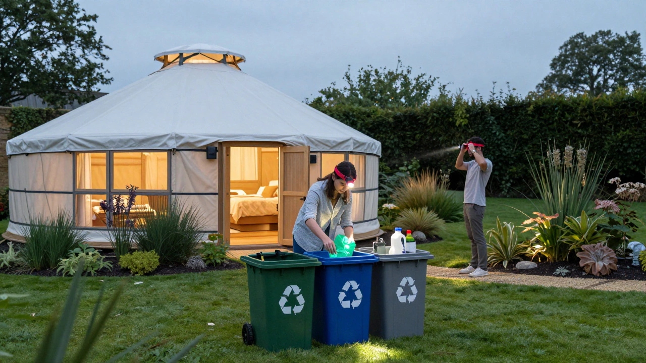 Luxury glamping yurt in Cotswolds with guests recycling and using low-impact lighting