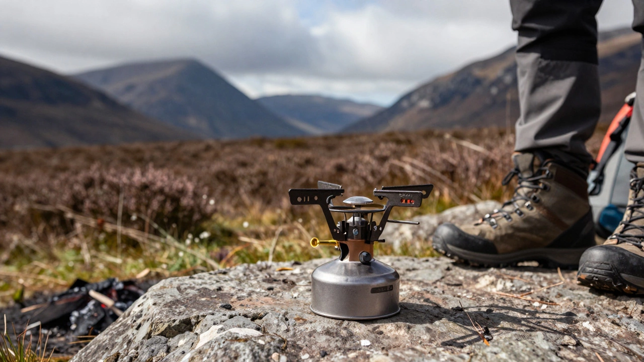 Portable camping stove on rock in Scottish moorland, leave no trace style