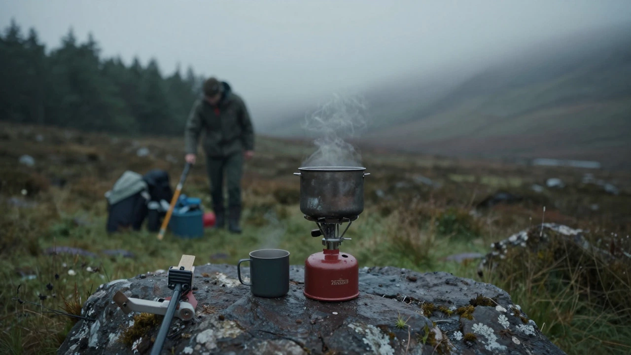 Portable gas stove on a rock in misty Scottish moorland, no fire